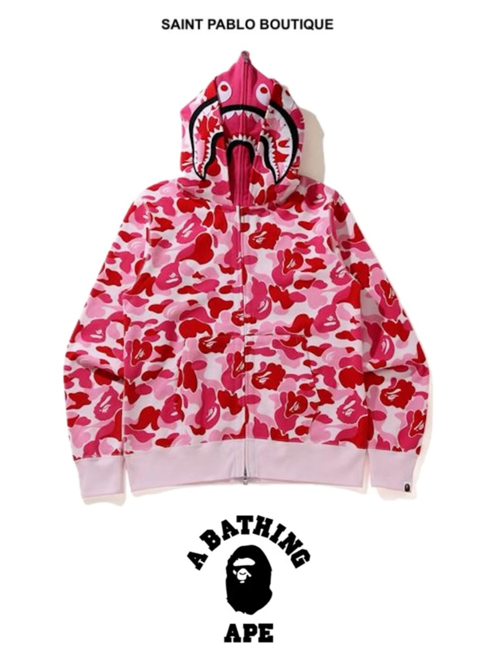 BAPE SS21 Pink 'Big ABC Camo Shark' Wide Full Zip Double Hoodie